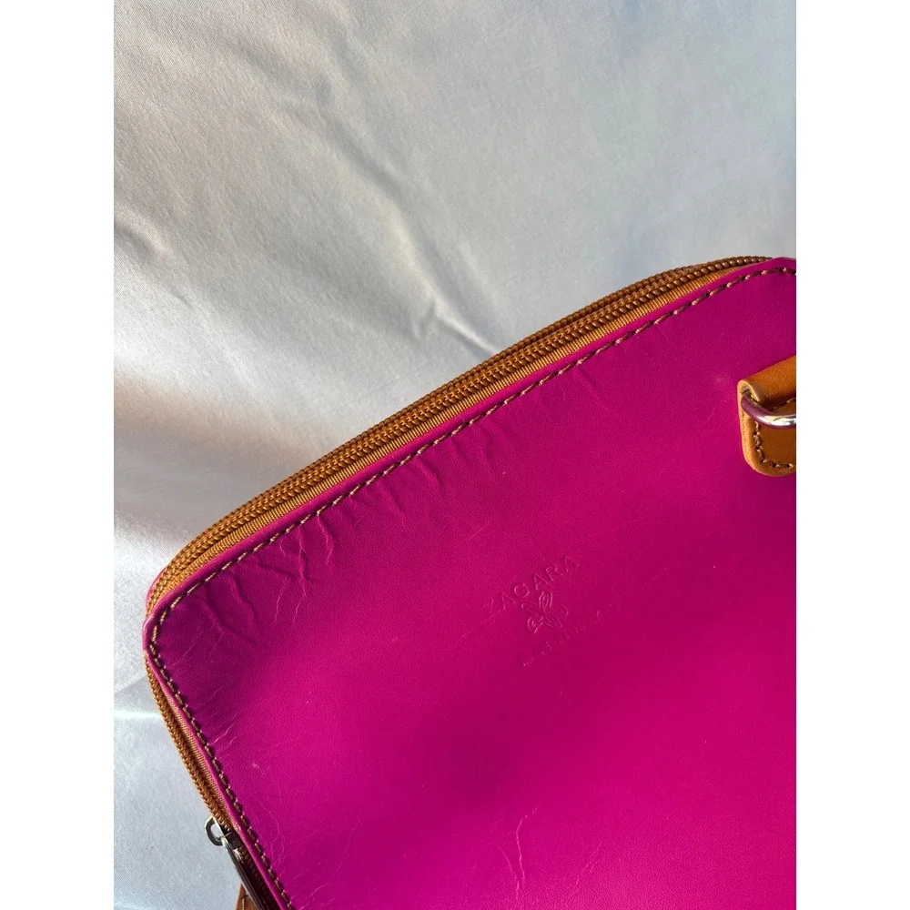 Zagara Magenta Pink Italian Leather Crossbody Bag Tan Trim Made in Italy